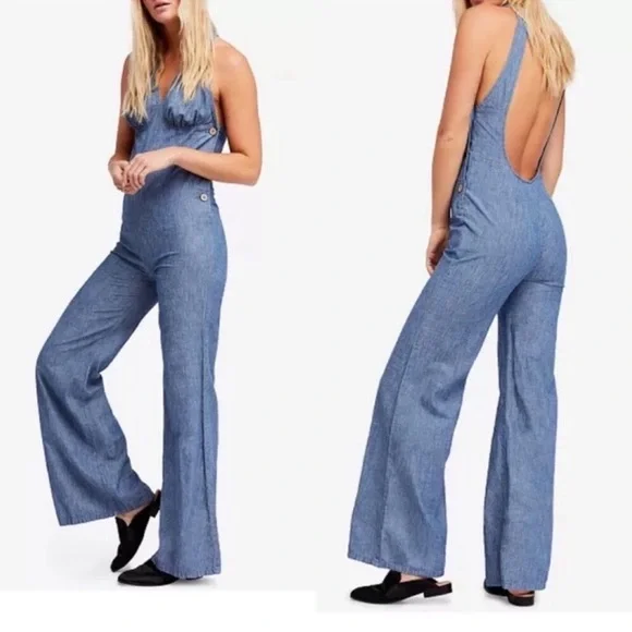 FREE PEOPLE DANCE ALL NIGHT CUT OUT BACKLESS DENIM JUMPSUIT size 0 - Picture 7 of 9